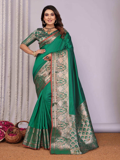 Elora Green Soft Silk Plain Banarasi With Peacock Zari Jacquard Weaving Border Saree