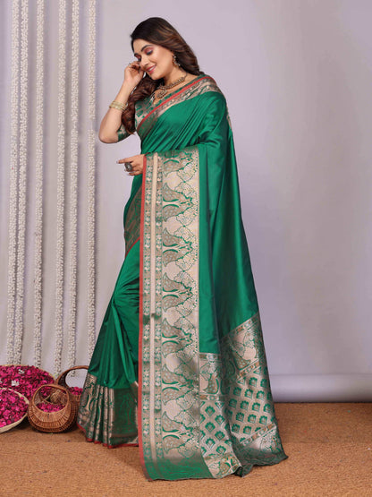Elora Green Soft Silk Plain Banarasi With Peacock Zari Jacquard Weaving Border Saree