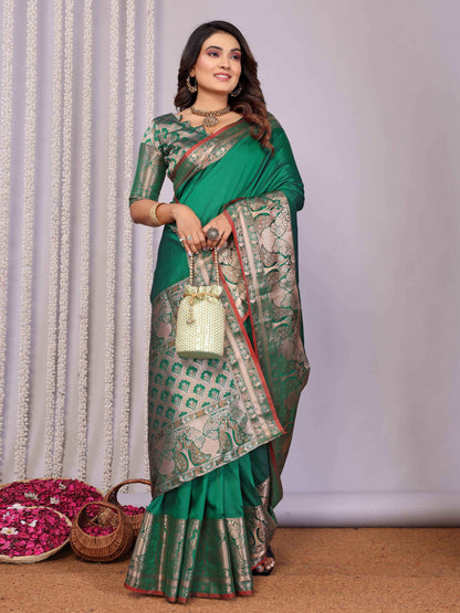 Elora Green Soft Silk Plain Banarasi With Peacock Zari Jacquard Weaving Border Saree