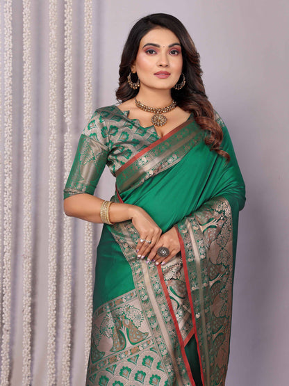 Elora Green Soft Silk Plain Banarasi With Peacock Zari Jacquard Weaving Border Saree