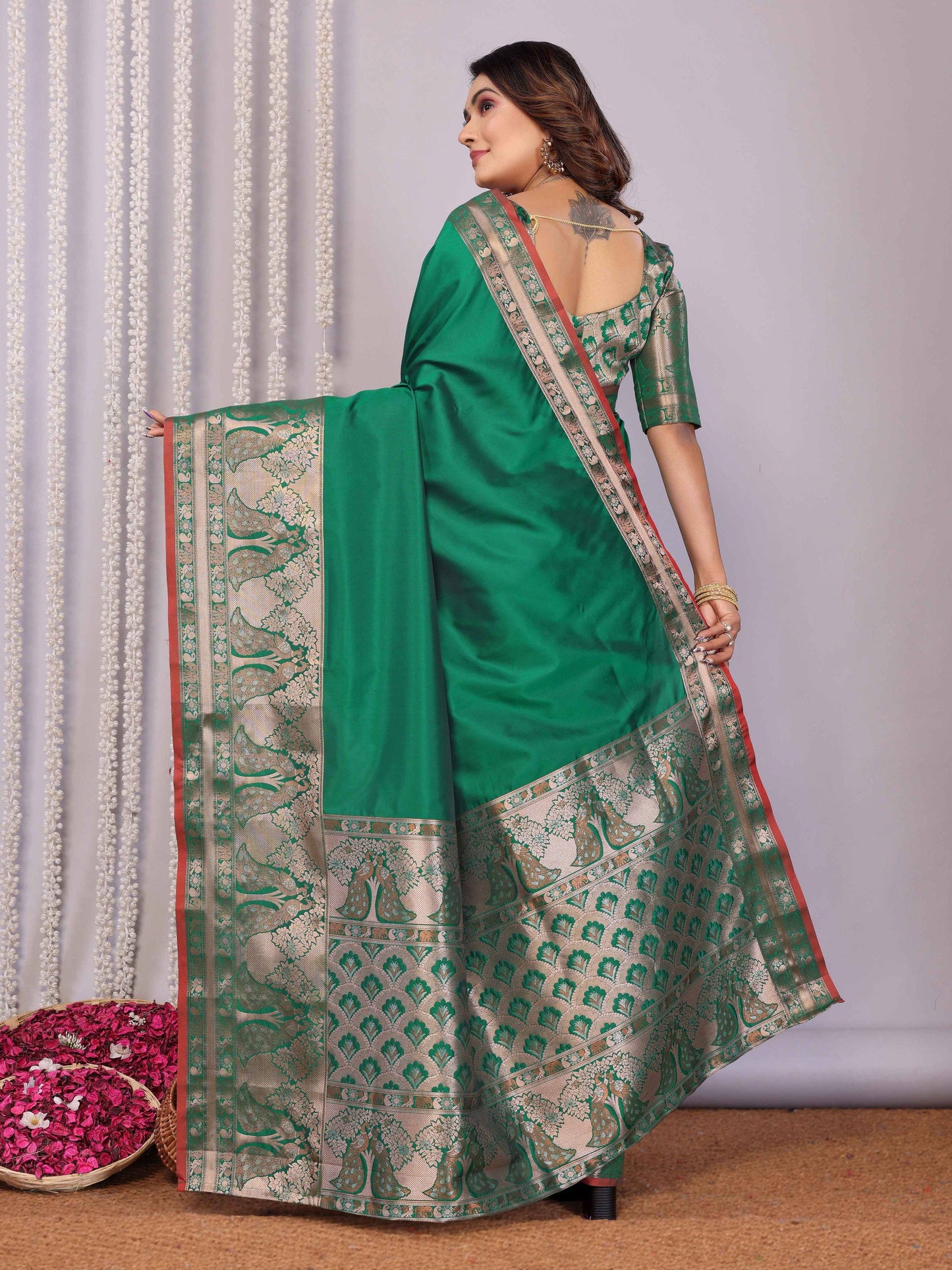 Elora Green Soft Silk Plain Banarasi With Peacock Zari Jacquard Weaving Border Saree
