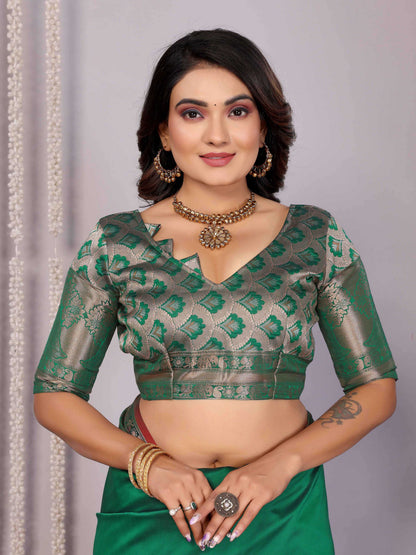 Elora Green Soft Silk Plain Banarasi With Peacock Zari Jacquard Weaving Border Saree