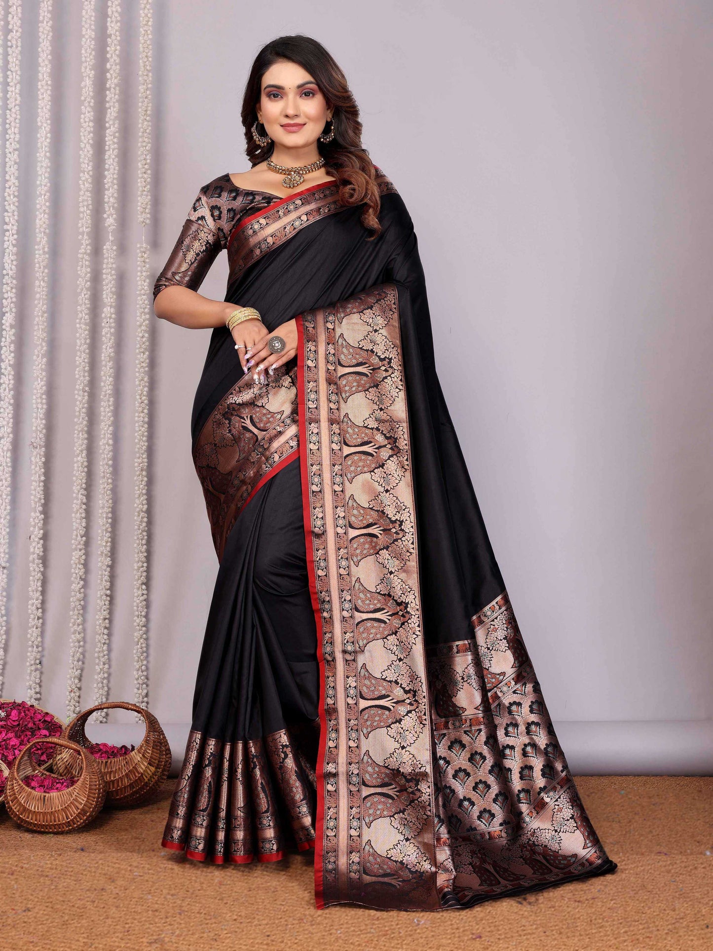Elora Black Soft Silk Plain Banarasi With Peacock Zari Jacquard Weaving Border Saree