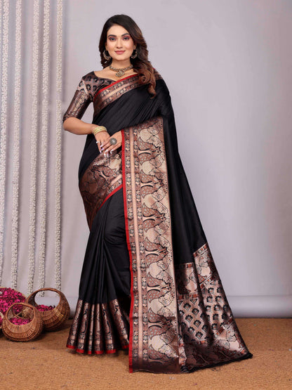 Elora Black Soft Silk Plain Banarasi With Peacock Zari Jacquard Weaving Border Saree