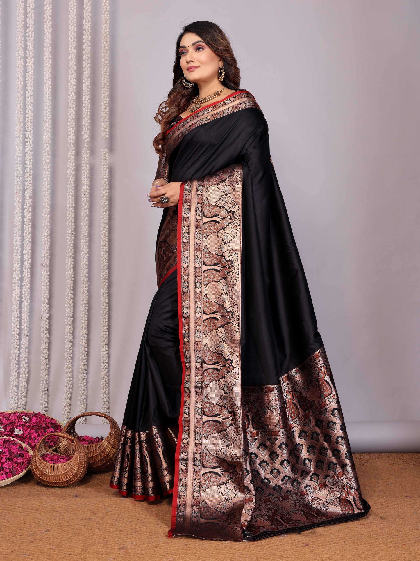 Elora Black Soft Silk Plain Banarasi With Peacock Zari Jacquard Weaving Border Saree
