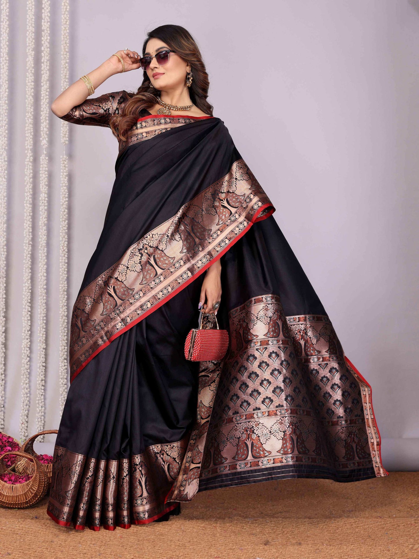 Elora Black Soft Silk Plain Banarasi With Peacock Zari Jacquard Weaving Border Saree