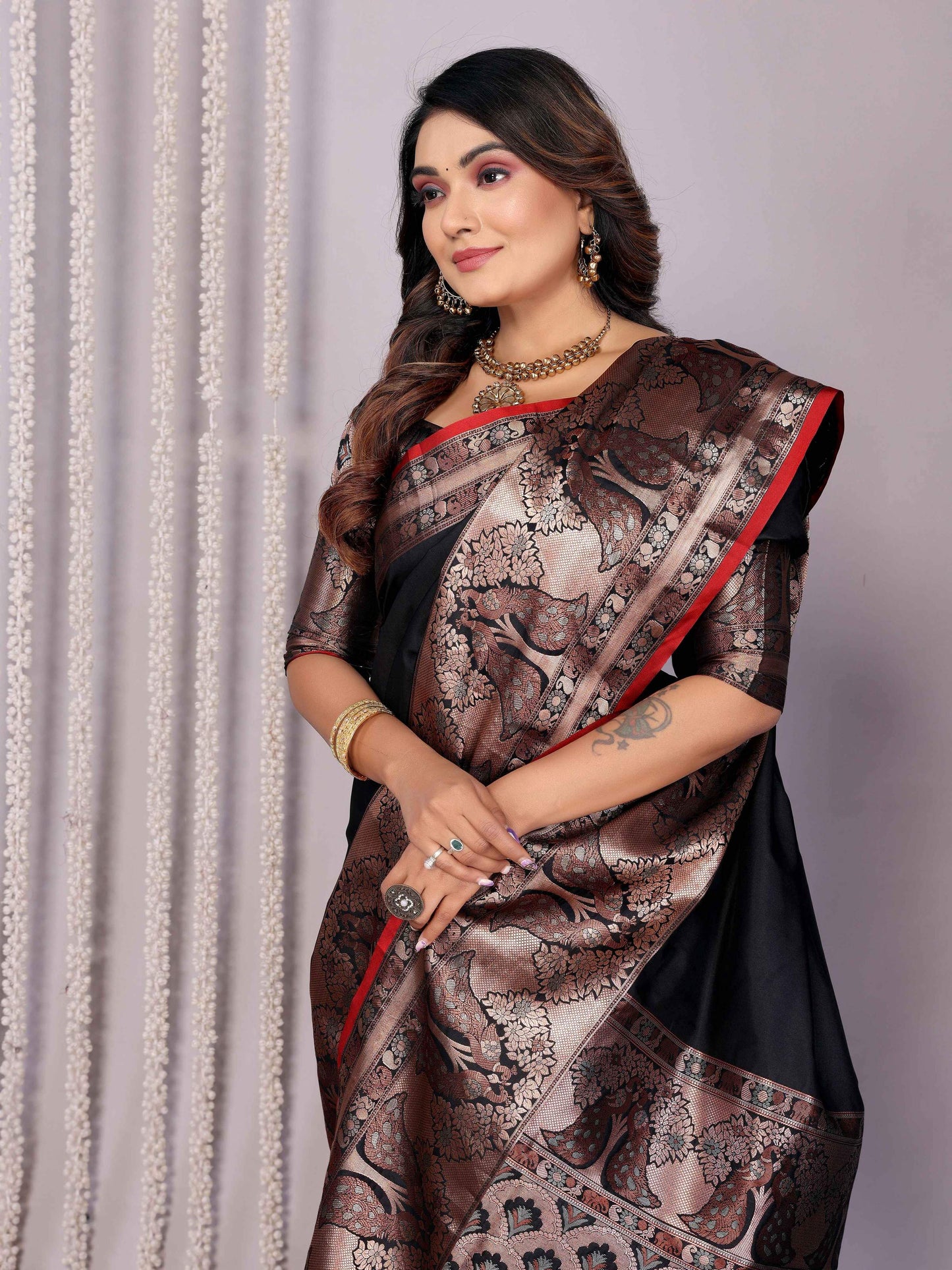 Elora Black Soft Silk Plain Banarasi With Peacock Zari Jacquard Weaving Border Saree