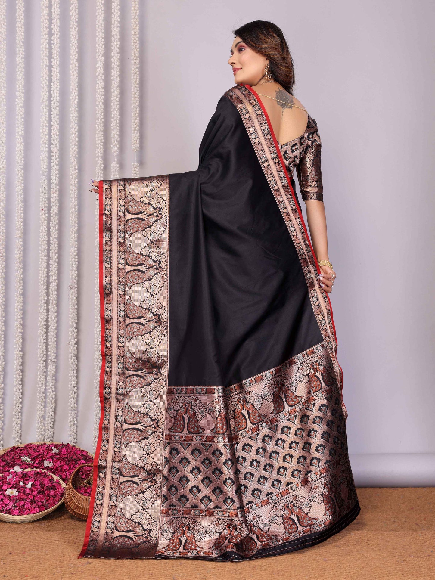 Elora Black Soft Silk Plain Banarasi With Peacock Zari Jacquard Weaving Border Saree