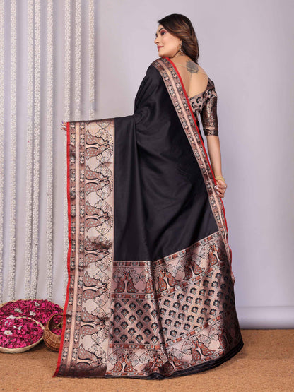 Elora Black Soft Silk Plain Banarasi With Peacock Zari Jacquard Weaving Border Saree