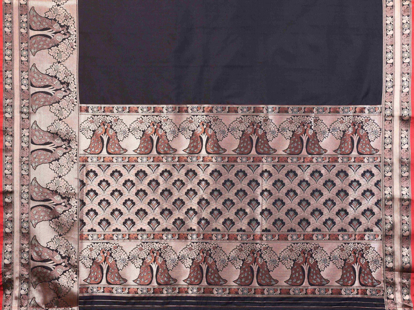 Elora Black Soft Silk Plain Banarasi With Peacock Zari Jacquard Weaving Border Saree