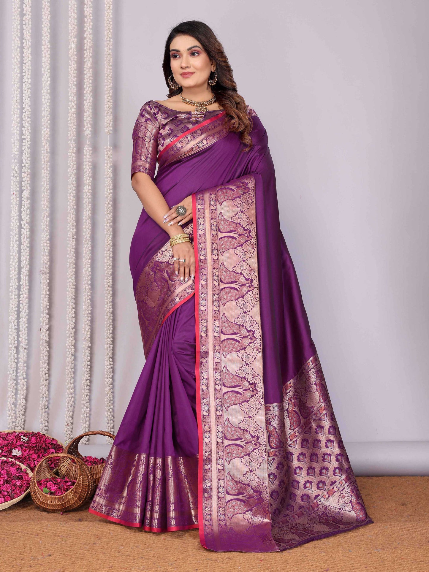 Elora Magenta Soft Silk Plain Banarasi With Peacock Zari Jacquard Weaving Border Saree