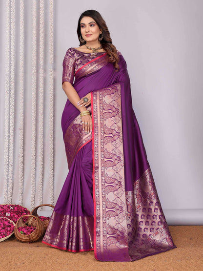 Elora Magenta Soft Silk Plain Banarasi With Peacock Zari Jacquard Weaving Border Saree