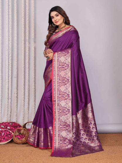 Elora Magenta Soft Silk Plain Banarasi With Peacock Zari Jacquard Weaving Border Saree