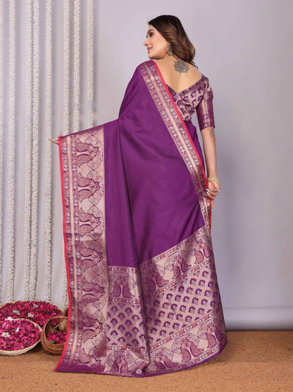 Elora Magenta Soft Silk Plain Banarasi With Peacock Zari Jacquard Weaving Border Saree