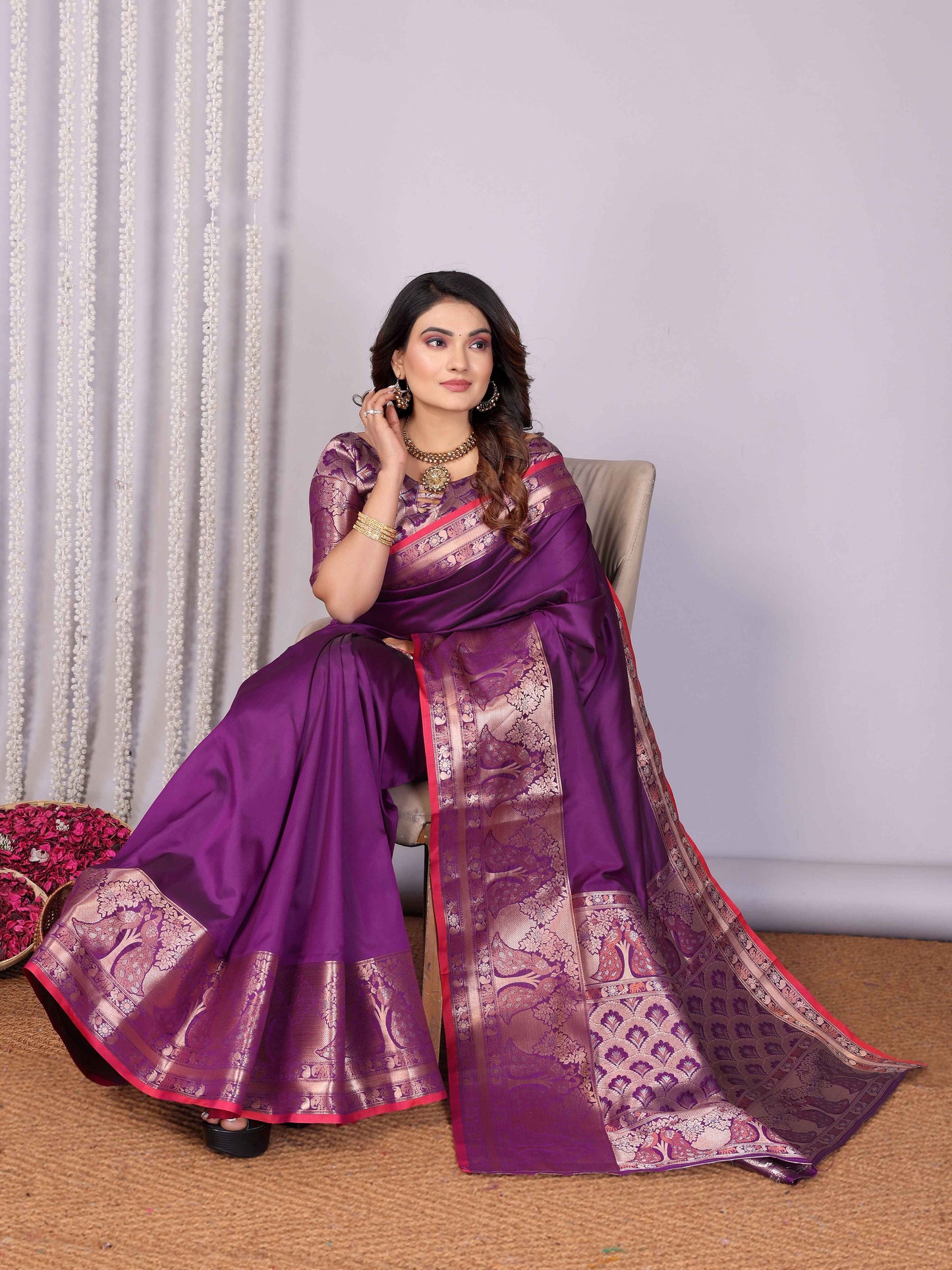 Elora Magenta Soft Silk Plain Banarasi With Peacock Zari Jacquard Weaving Border Saree