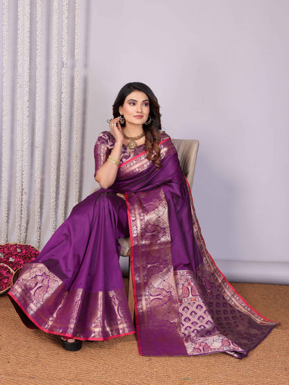 Elora Magenta Soft Silk Plain Banarasi With Peacock Zari Jacquard Weaving Border Saree