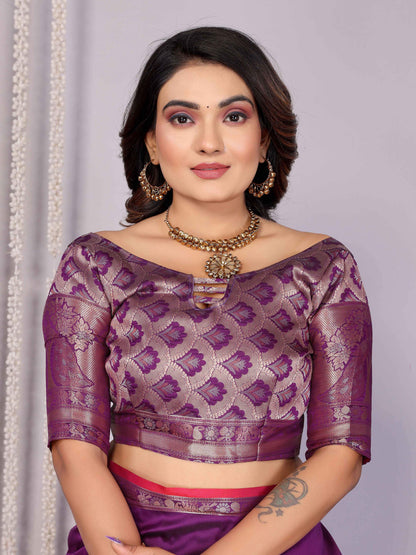 Elora Magenta Soft Silk Plain Banarasi With Peacock Zari Jacquard Weaving Border Saree