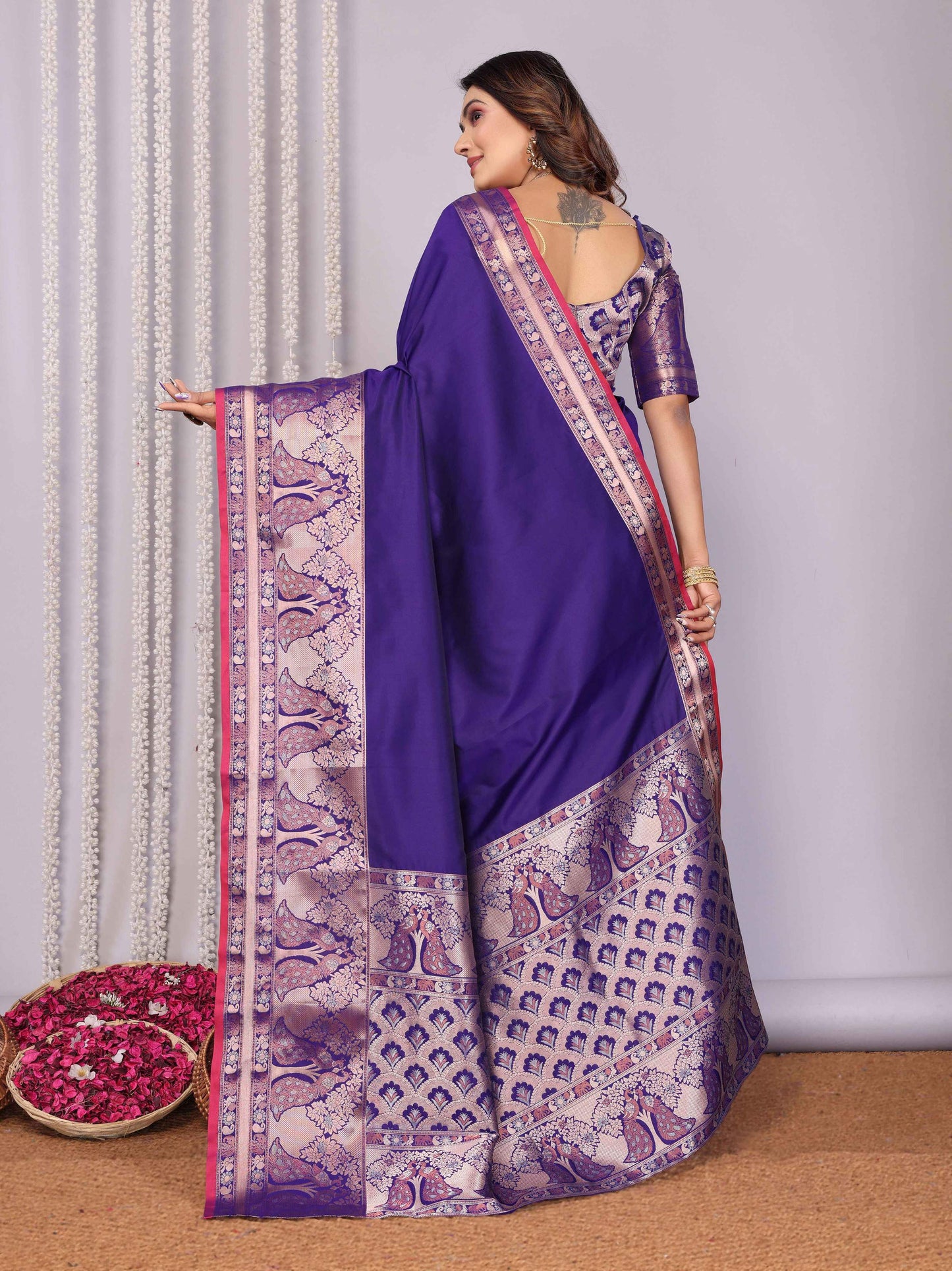 Elora Purple Soft Silk Plain Banarasi With Peacock Zari Jacquard Weaving Border Saree