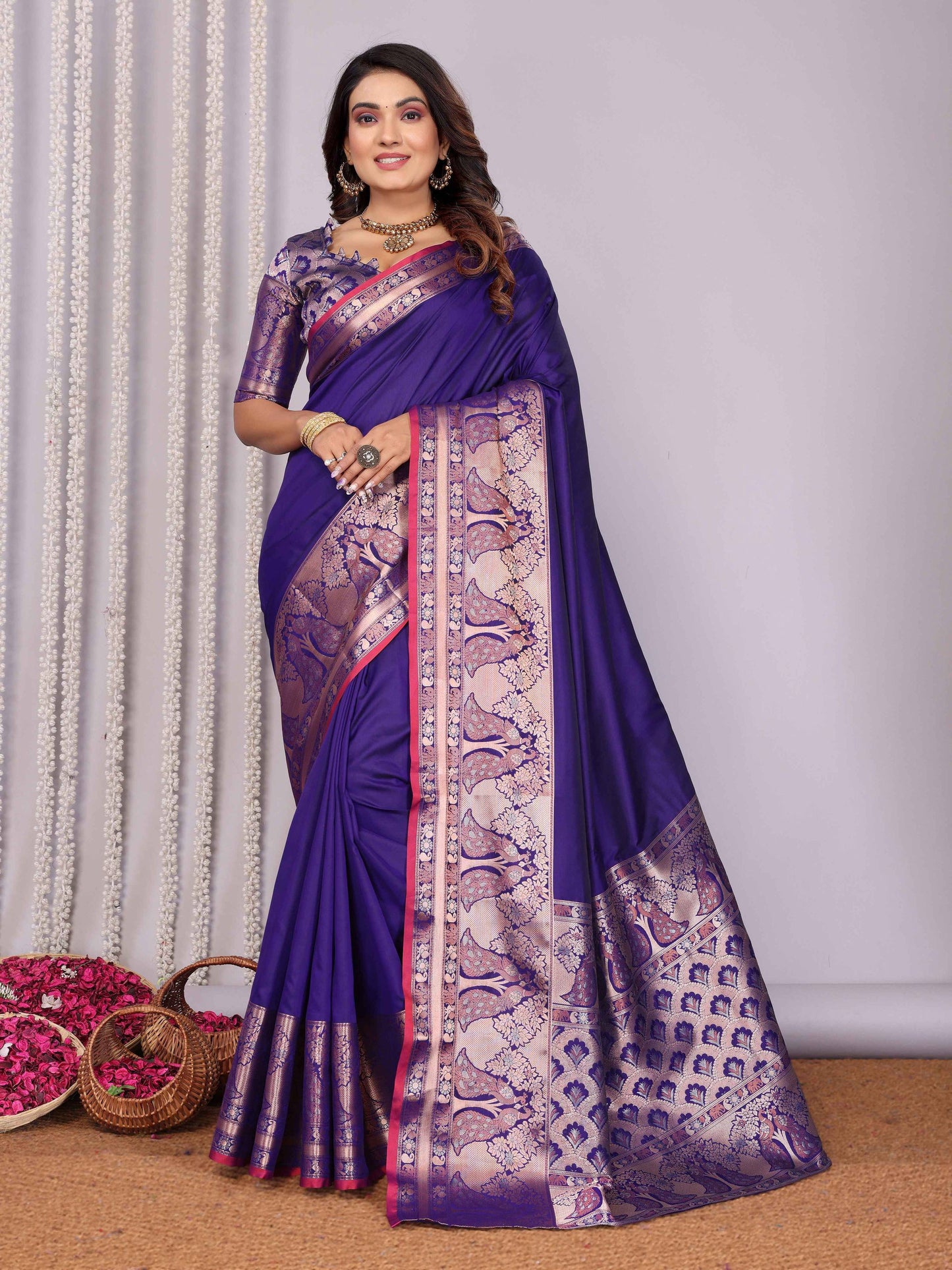 Elora Purple Soft Silk Plain Banarasi With Peacock Zari Jacquard Weaving Border Saree