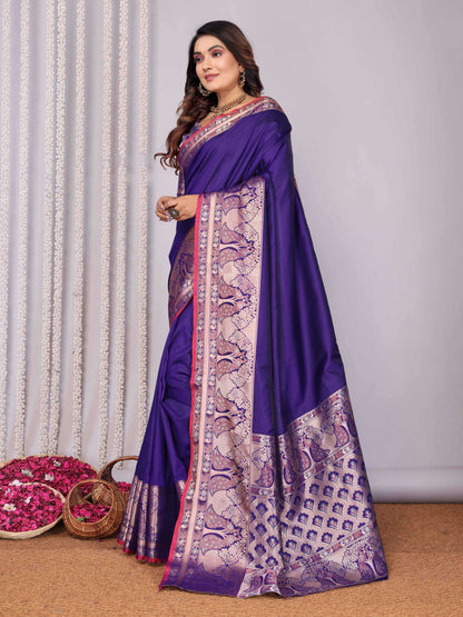 Elora Purple Soft Silk Plain Banarasi With Peacock Zari Jacquard Weaving Border Saree