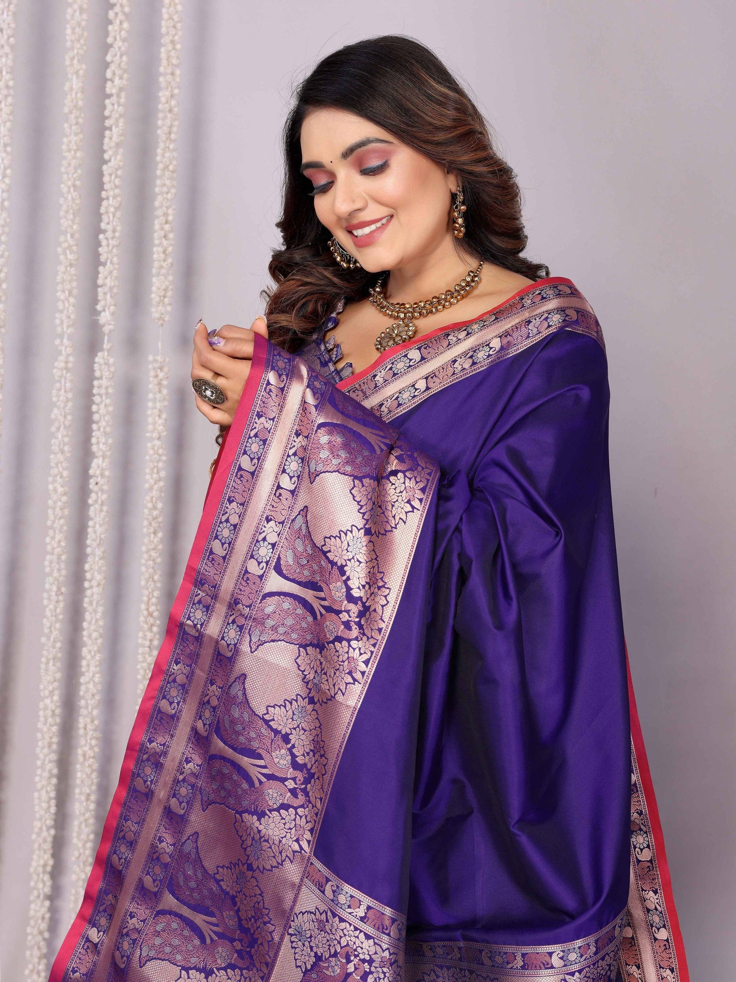 Elora Purple Soft Silk Plain Banarasi With Peacock Zari Jacquard Weaving Border Saree