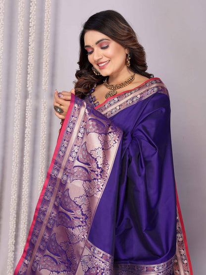 Elora Purple Soft Silk Plain Banarasi With Peacock Zari Jacquard Weaving Border Saree