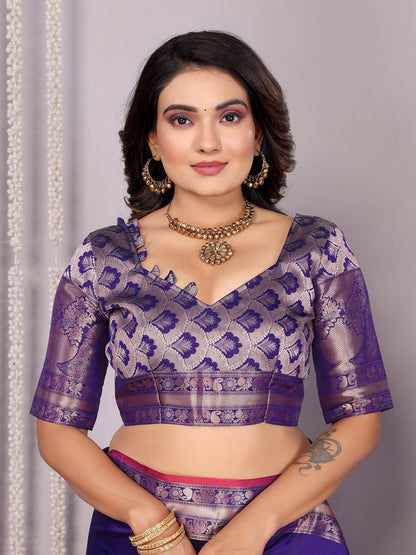 Elora Purple Soft Silk Plain Banarasi With Peacock Zari Jacquard Weaving Border Saree