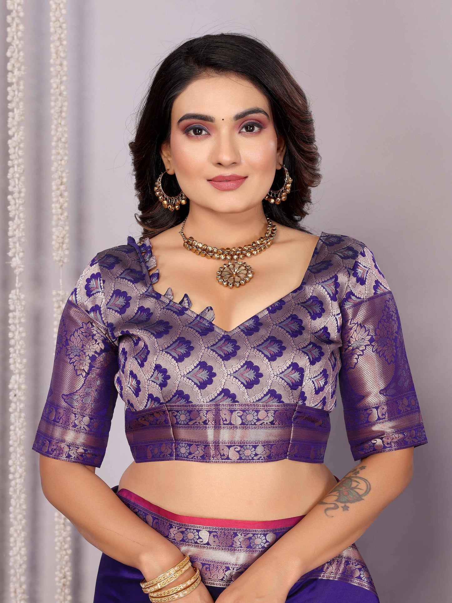 Elora Purple Soft Silk Plain Banarasi With Peacock Zari Jacquard Weaving Border Saree