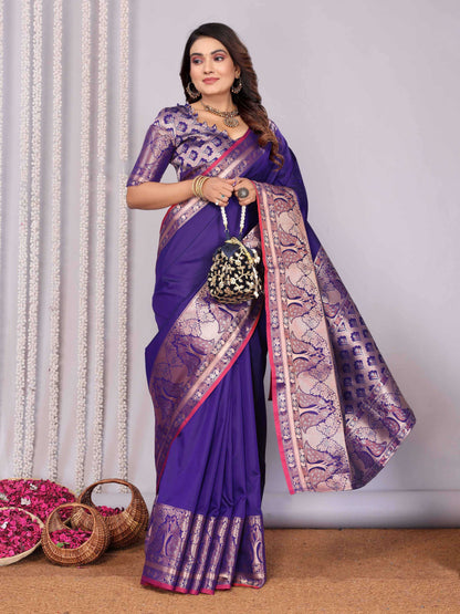 Elora Purple Soft Silk Plain Banarasi With Peacock Zari Jacquard Weaving Border Saree