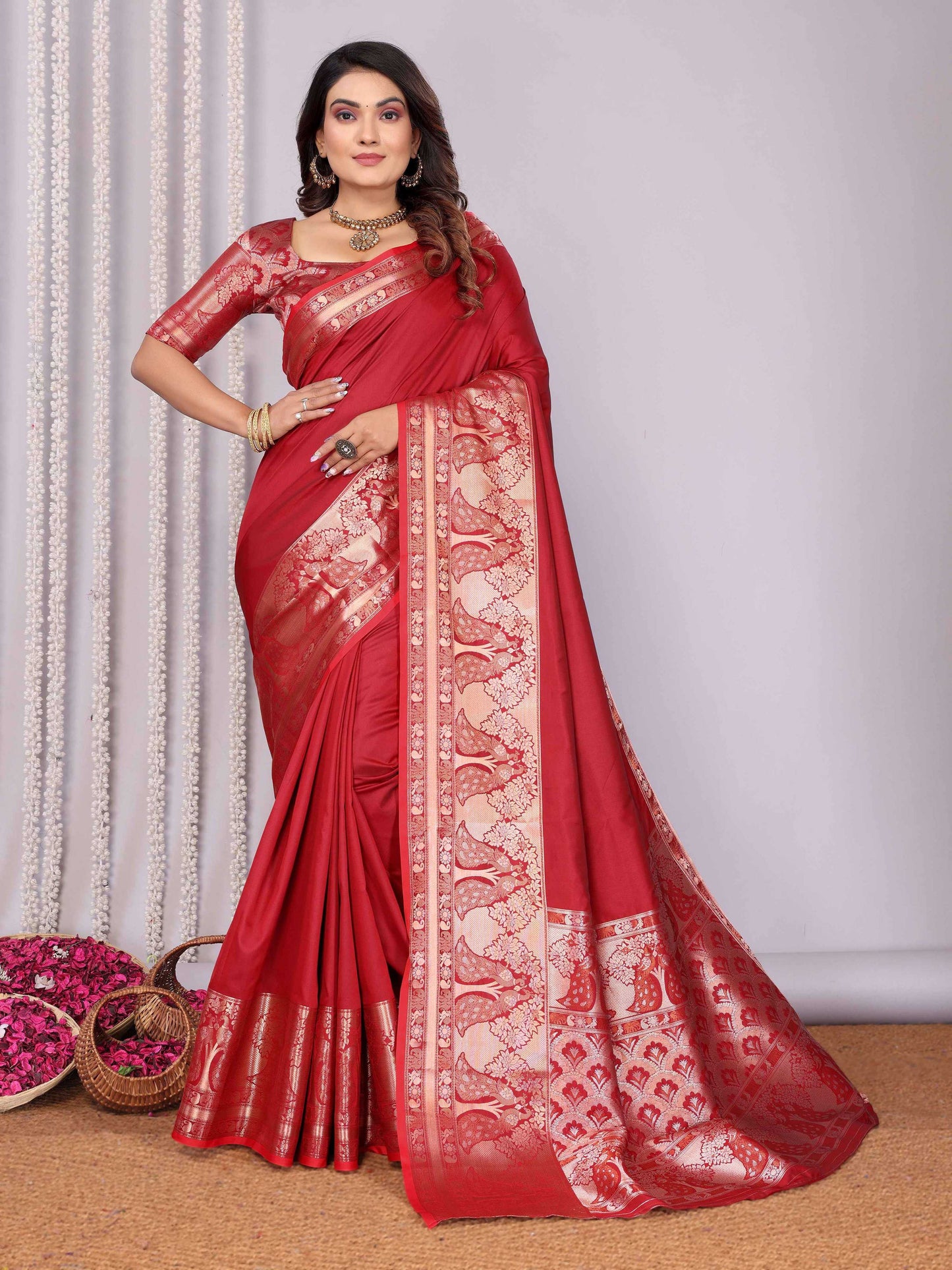 Elora Red Soft Silk Plain Banarasi With Peacock Zari Jacquard Weaving Border Saree