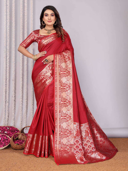 Elora Red Soft Silk Plain Banarasi With Peacock Zari Jacquard Weaving Border Saree