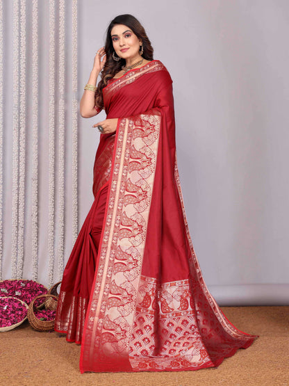 Elora Red Soft Silk Plain Banarasi With Peacock Zari Jacquard Weaving Border Saree