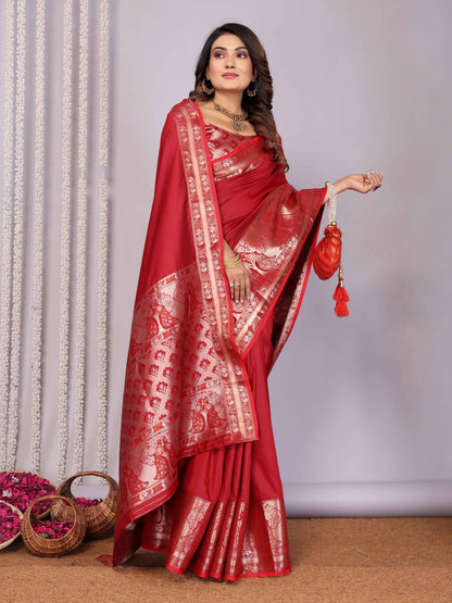 Elora Red Soft Silk Plain Banarasi With Peacock Zari Jacquard Weaving Border Saree