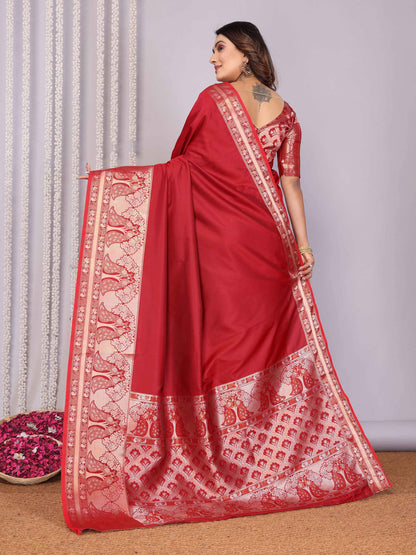 Elora Red Soft Silk Plain Banarasi With Peacock Zari Jacquard Weaving Border Saree