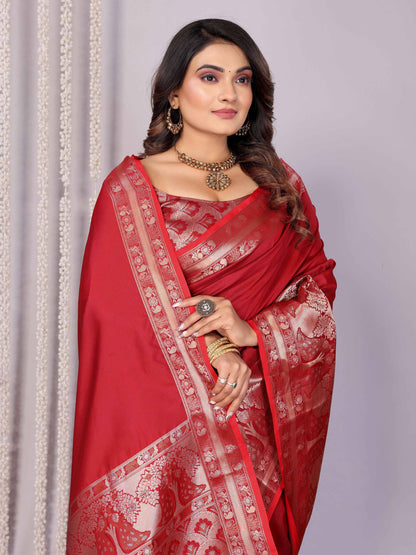 Elora Red Soft Silk Plain Banarasi With Peacock Zari Jacquard Weaving Border Saree