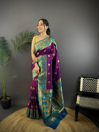 Elora Violet Soft Silk Butti Zari Weaving Constrast Pallu Banarasi Saree