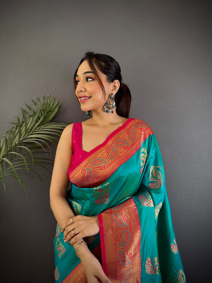 Elora Teal Soft Silk Peacock Pattern Zari Weaving Contrast Border Banarasi Saree