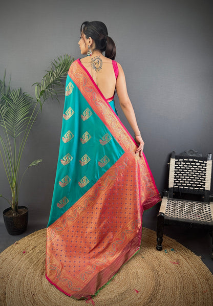 Elora Teal Soft Silk Peacock Pattern Zari Weaving Contrast Border Banarasi Saree