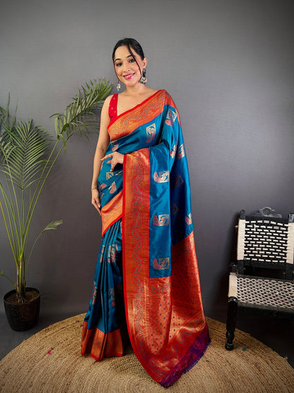 Elora Blue Soft Silk Peacock Pattern Zari Weaving Contrast Border Banarasi Saree
