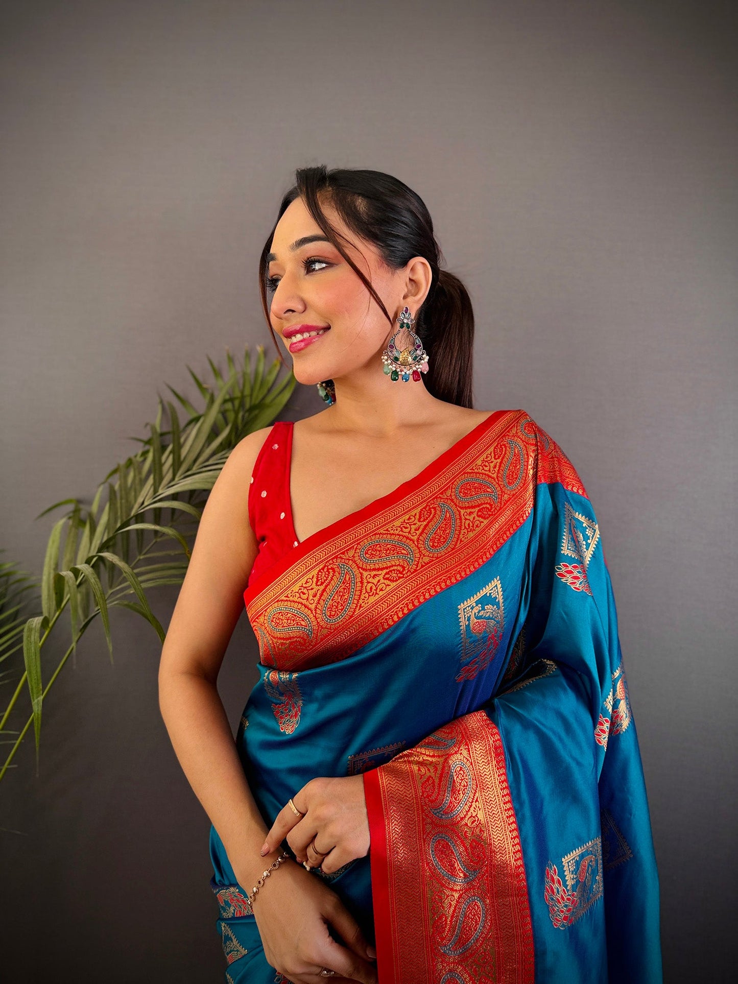 Elora Blue Soft Silk Peacock Pattern Zari Weaving Contrast Border Banarasi Saree