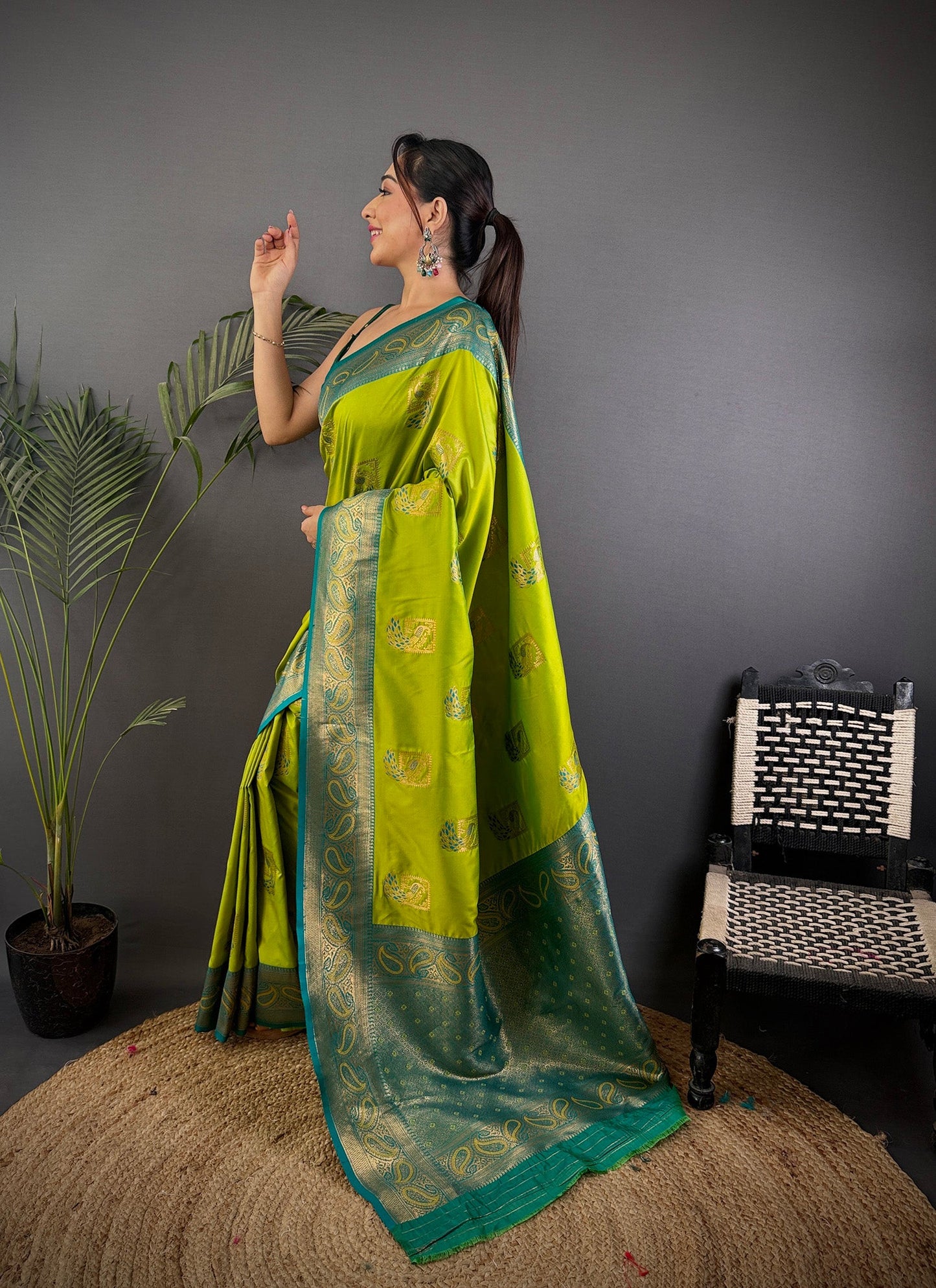 Elora Lime Green Soft Silk Peacock Pattern Zari Weaving Contrast Border Banarasi Saree
