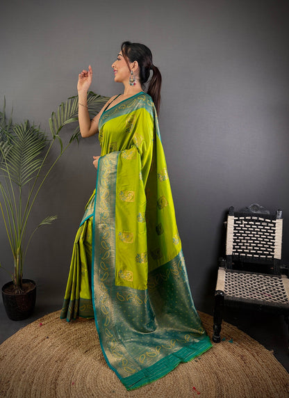Elora Lime Green Soft Silk Peacock Pattern Zari Weaving Contrast Border Banarasi Saree