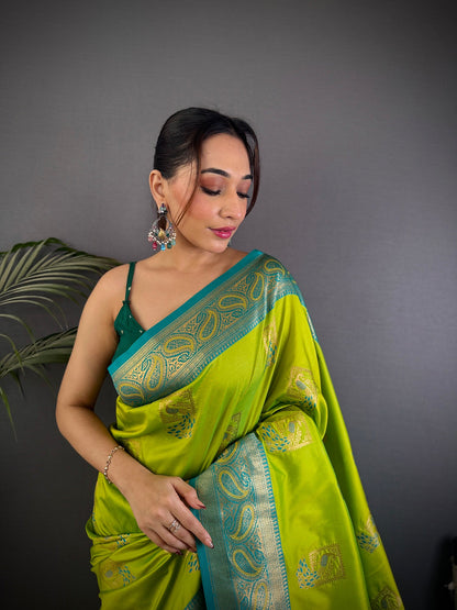 Elora Lime Green Soft Silk Peacock Pattern Zari Weaving Contrast Border Banarasi Saree