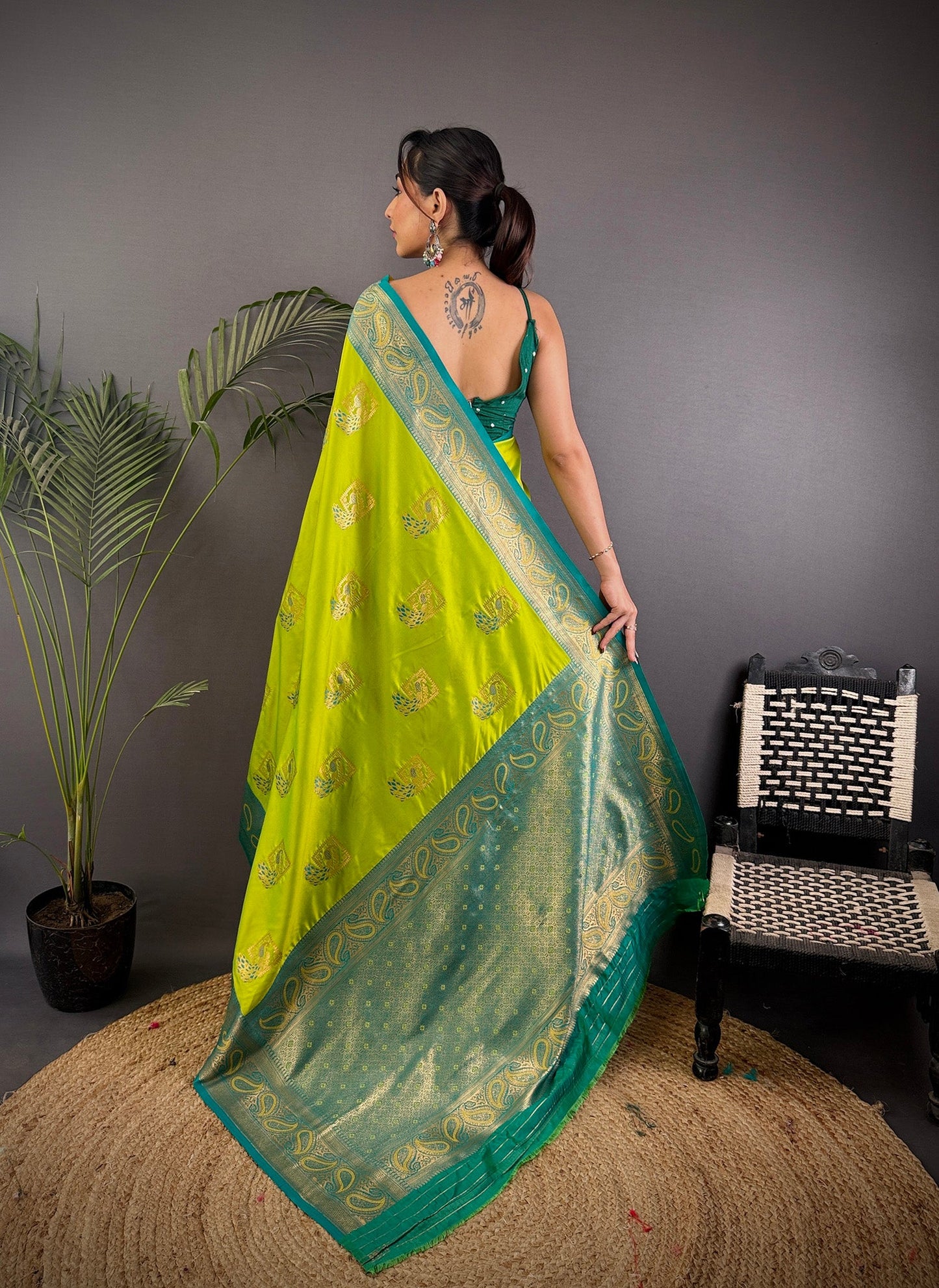 Elora Lime Green Soft Silk Peacock Pattern Zari Weaving Contrast Border Banarasi Saree