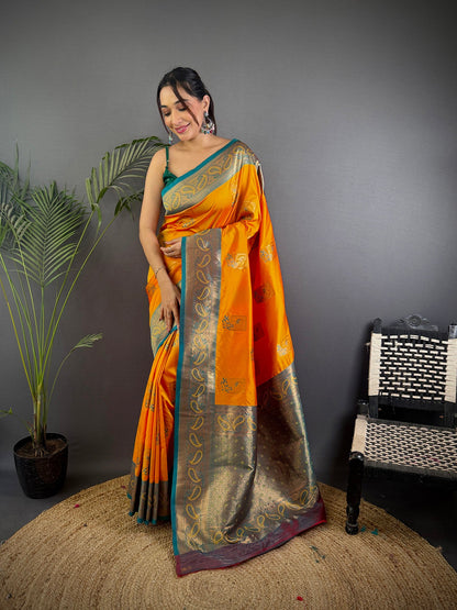 Elora Orange Soft Silk Peacock Pattern Zari Weaving Contrast Border Banarasi Saree