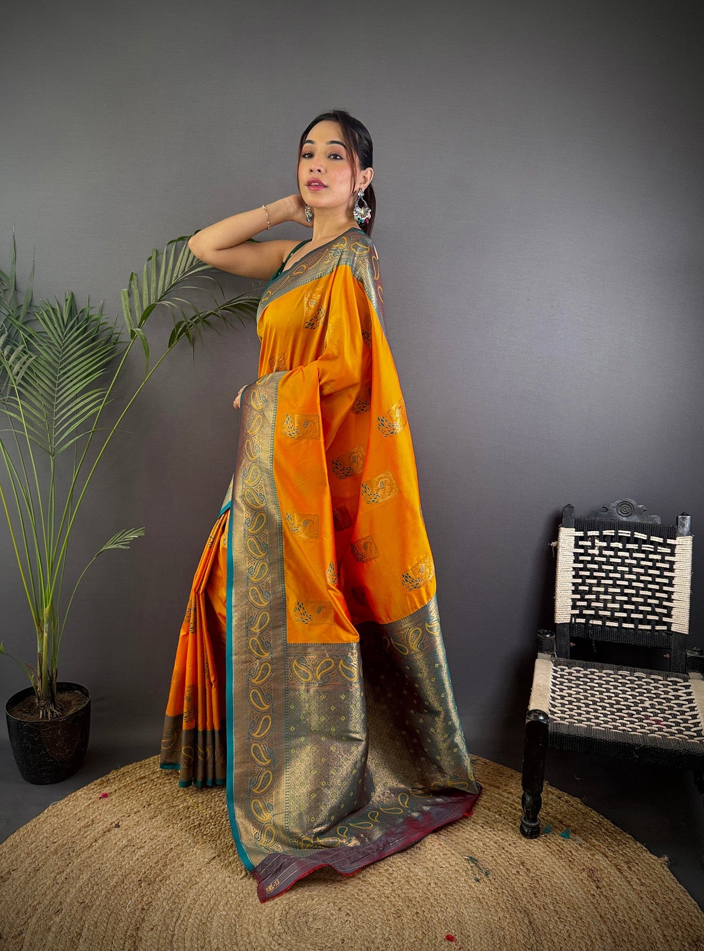 Elora Orange Soft Silk Peacock Pattern Zari Weaving Contrast Border Banarasi Saree