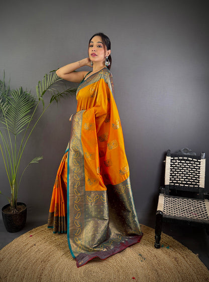 Elora Orange Soft Silk Peacock Pattern Zari Weaving Contrast Border Banarasi Saree