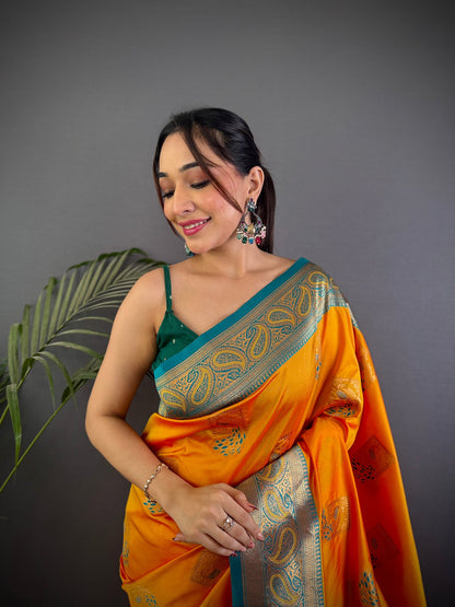Elora Orange Soft Silk Peacock Pattern Zari Weaving Contrast Border Banarasi Saree