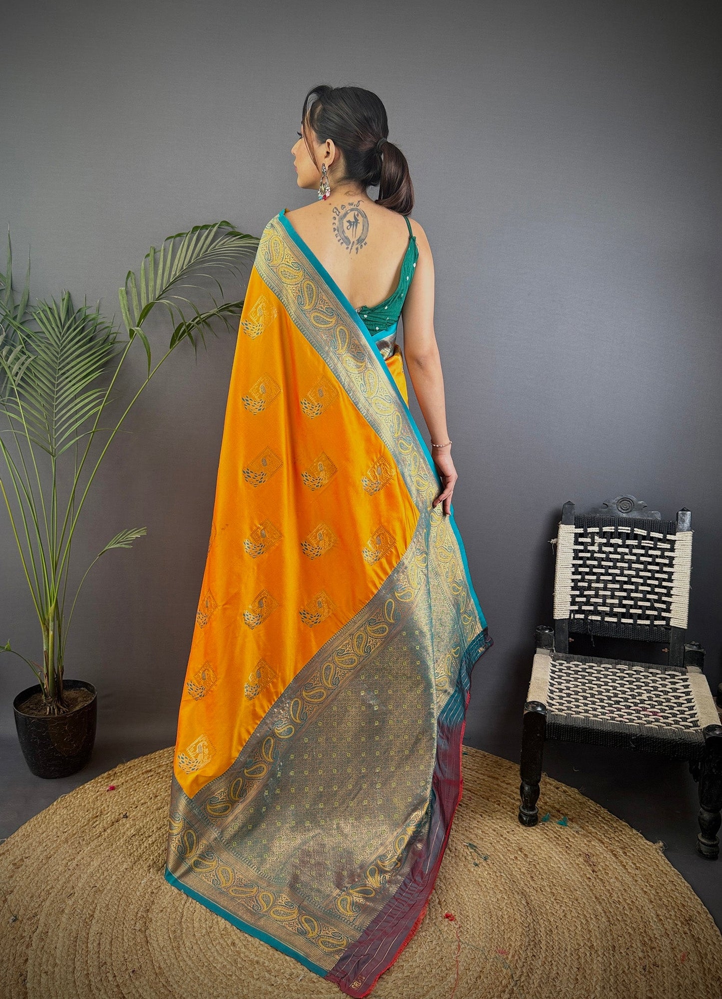Elora Orange Soft Silk Peacock Pattern Zari Weaving Contrast Border Banarasi Saree