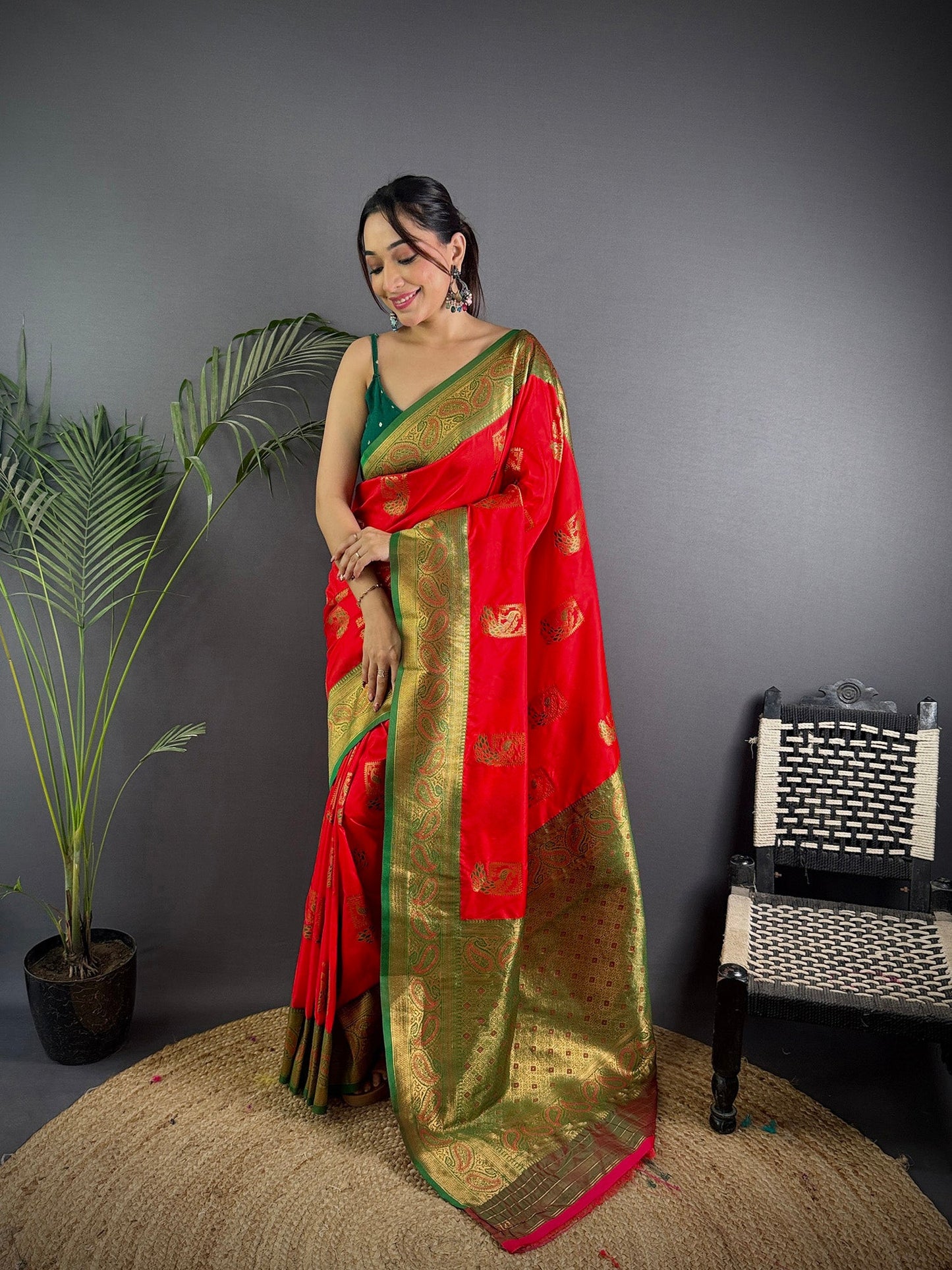 Elora Red Soft Silk Peacock Pattern Zari Weaving Contrast Border Banarasi Saree